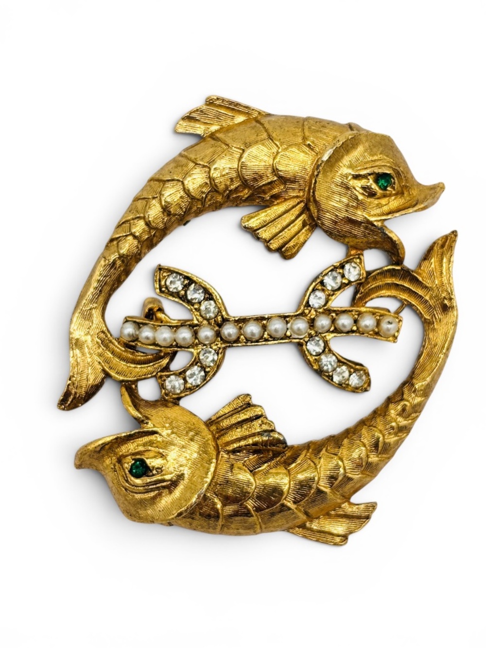 Vintage MCM Gold Tone Mystical Sea Creature Fish Brooch Rhinestone & Faux Pearl